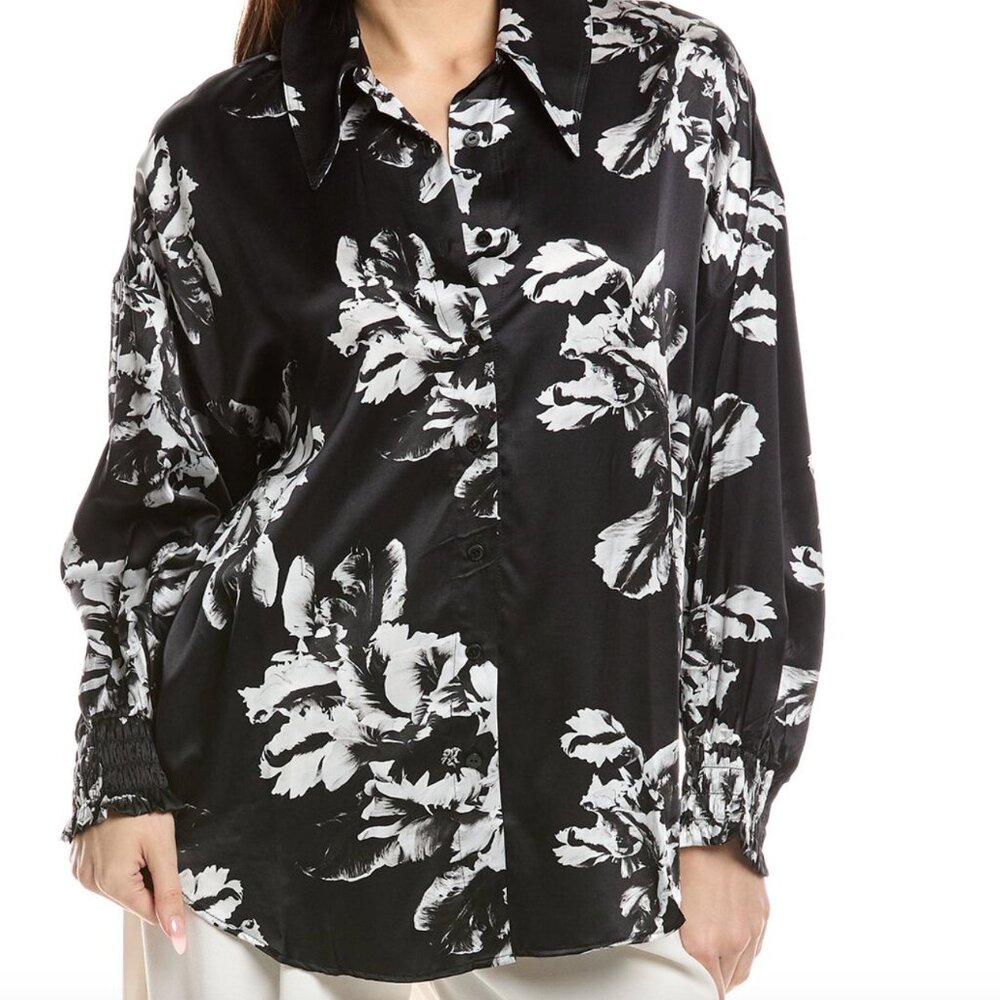 All Saints Charli Floral Black and White Satin Button-Up Shirt in Size UK6/US2